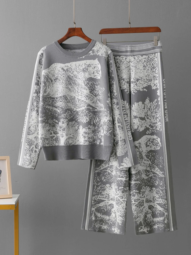 Fashion 2 Pieces Set Knitted Animal Print Elegant Casual Sets Women O-Neck Long Sleeve Knitwear+Wide Leg Long Pants