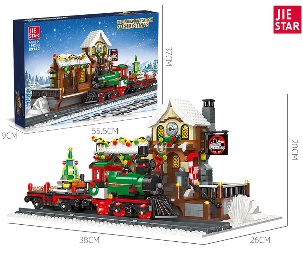 Bloques de construcción de tren de Navidad, juguete educativo de escena callejera, regalo de vacaciones de invierno para niños y niñas