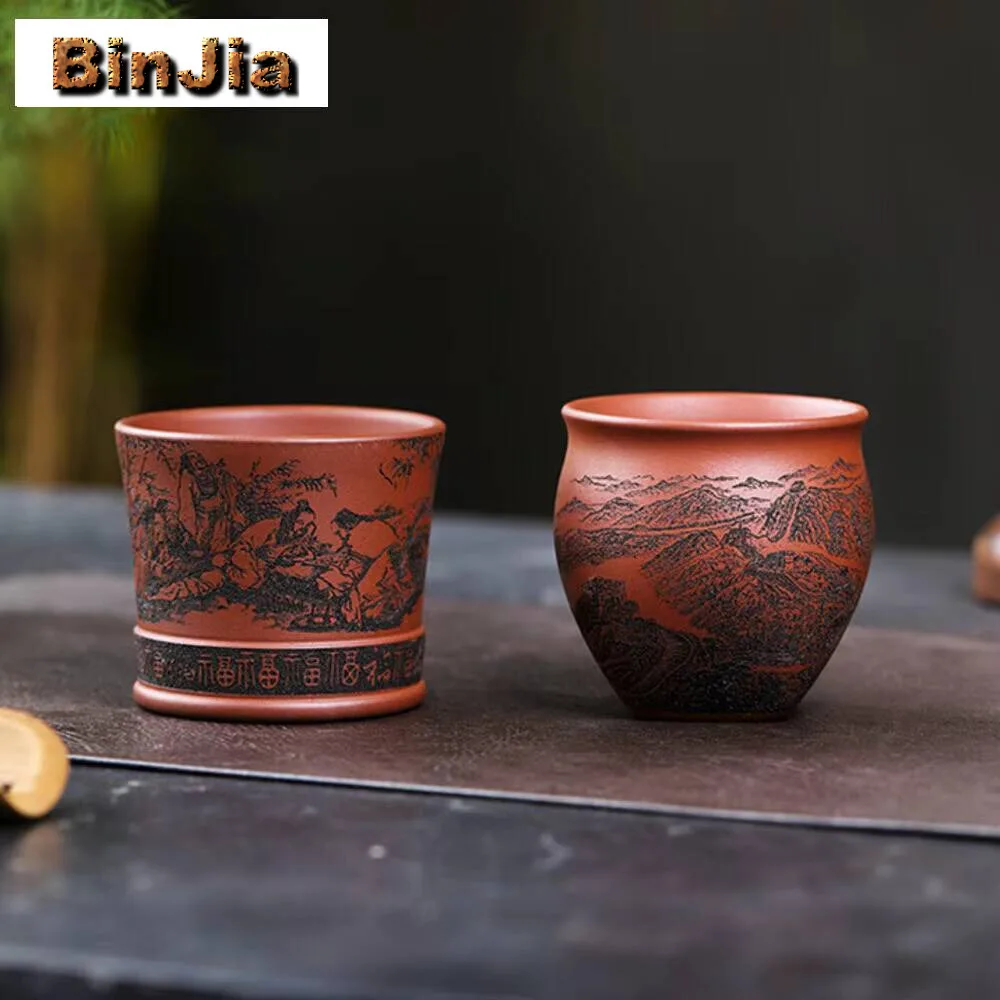 

Мастер ручной работы с гравировкой пейзажа, чайная чашка Исин, фиолетовая глиняная чашка, кружка из необработанной руды, дегустационная чайная чаша, китайская чайная посуда Zisha, аксессуары