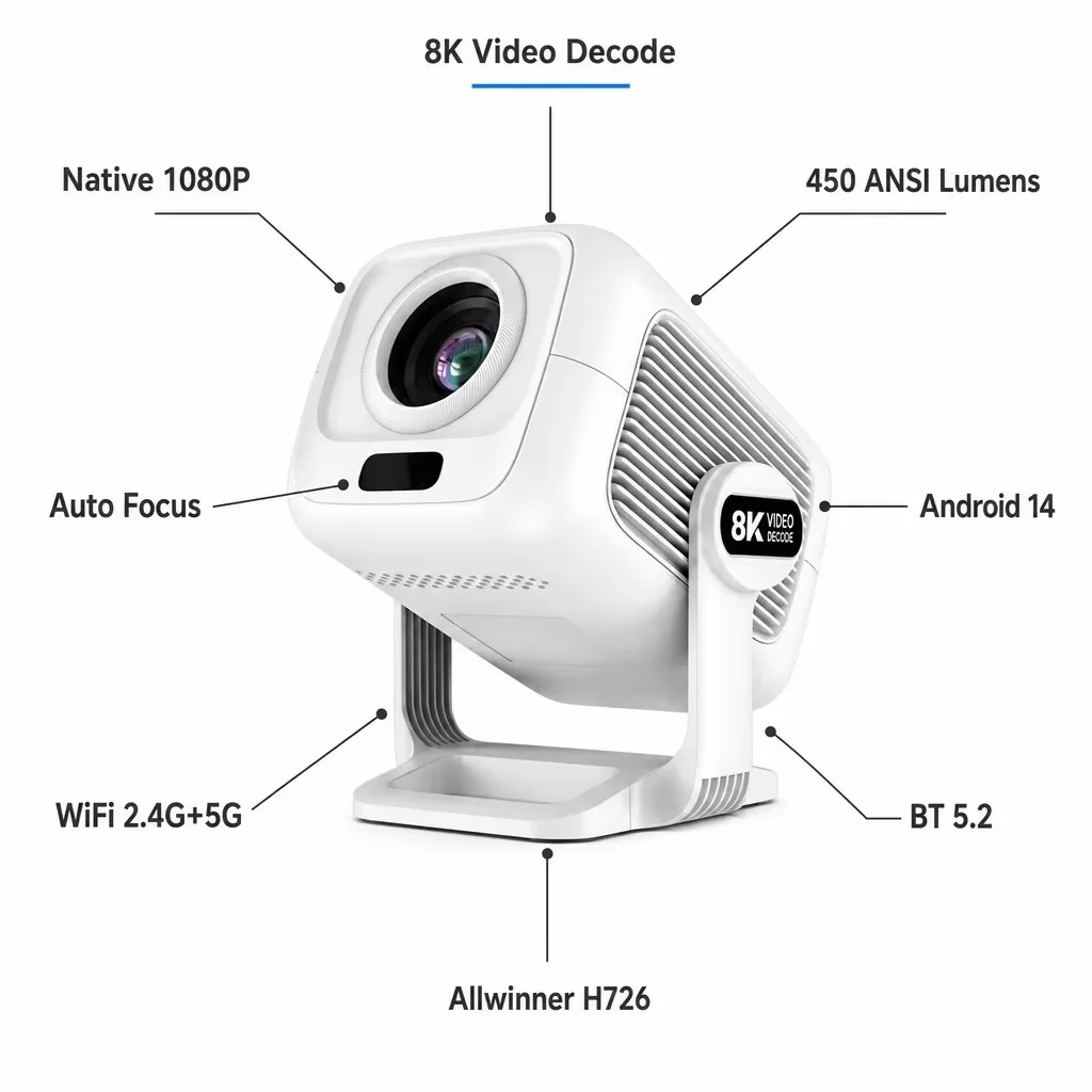 Wireless Projector 1080P 8K Video Decode LED Portable Projector WiFi 6 Screen Mirroring Auto For Outdoor Movie