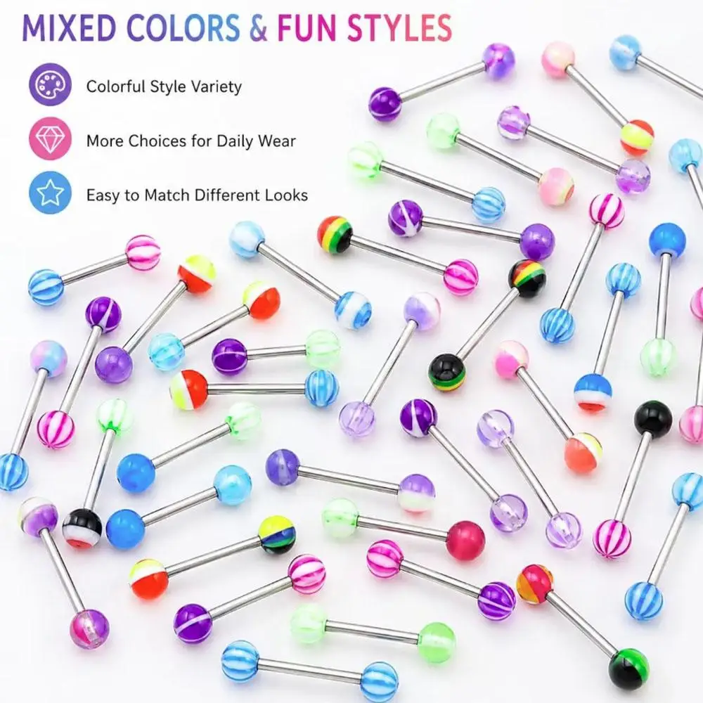 100PCS 14G Tongue Rings Surgical Steel 16mm Bars 6mm Acrylic Balls Screw-on Acrylic Balls Mixed Color Tongue Piercing Jewelry