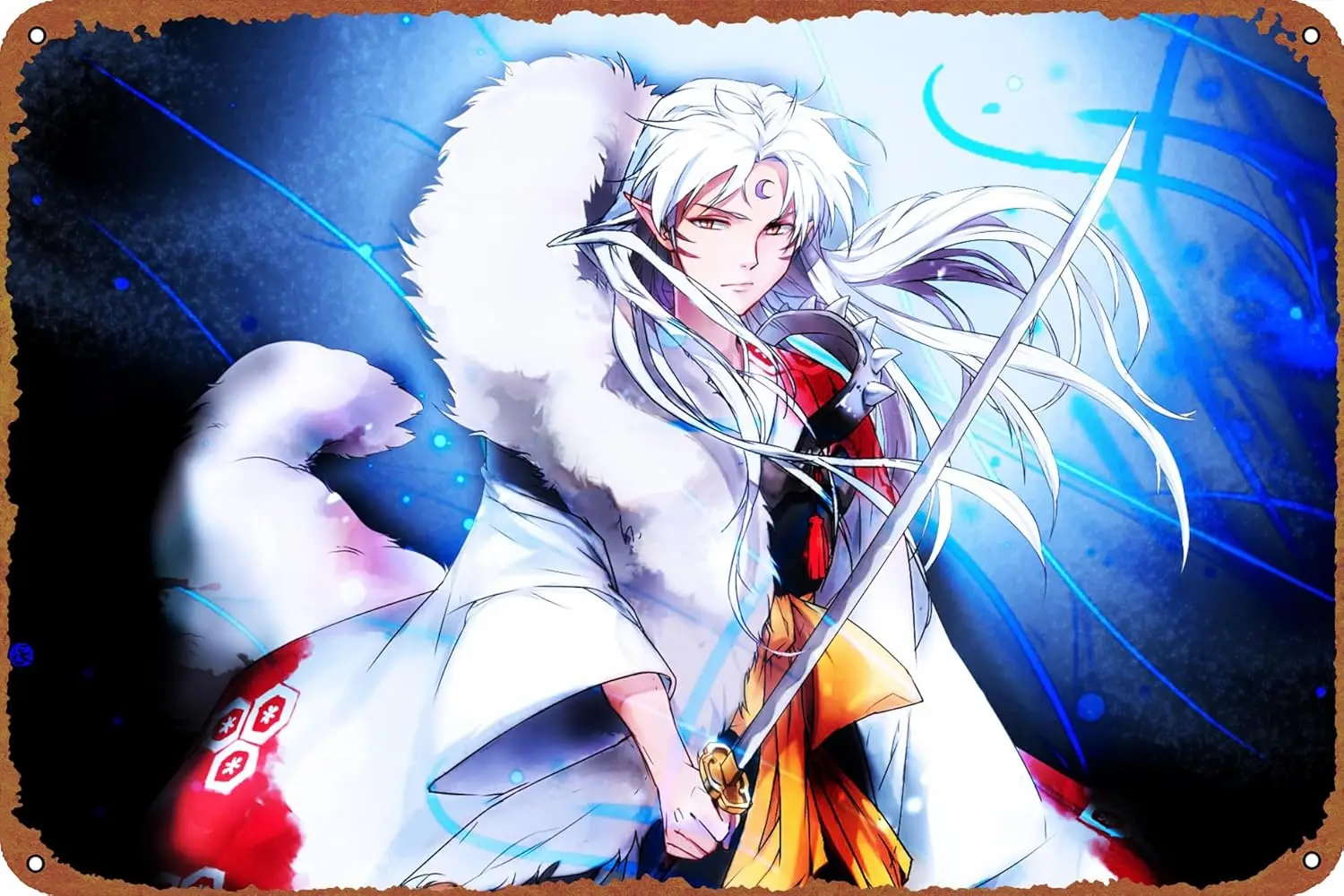 Inuyasha Katana Long Hair White Hair Sesshōmaru Poster Vintage Tin Sign Unique Metal Wall Decor for Home, Bar, Diner, Pub,  ,Fun