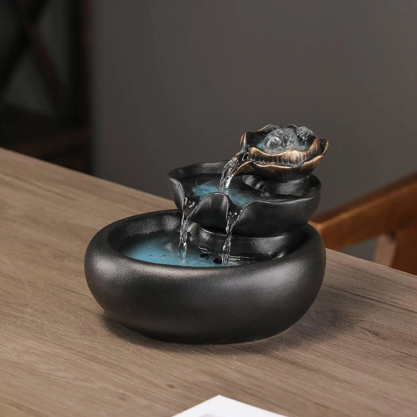 Ceramic Lotus Water Fountain with Crystal Ball for Living Room Decor Relaxing Tabletop Feature Indoor Home Art