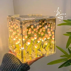 20PCS Cube Tulip Flower Desk Lamp Handmade DIY Material Tulip Mirror Night Light Bedroom Atmosphere Decor Girls Birthday Gift