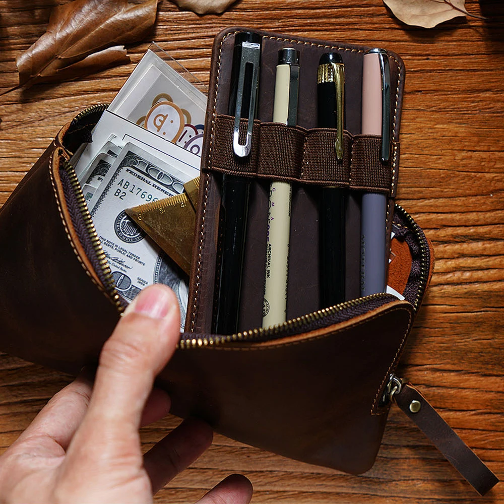 Vintage Leather Zippered Pen Case with Multiple Slots — Large Capacity Portable Stationery Organizer