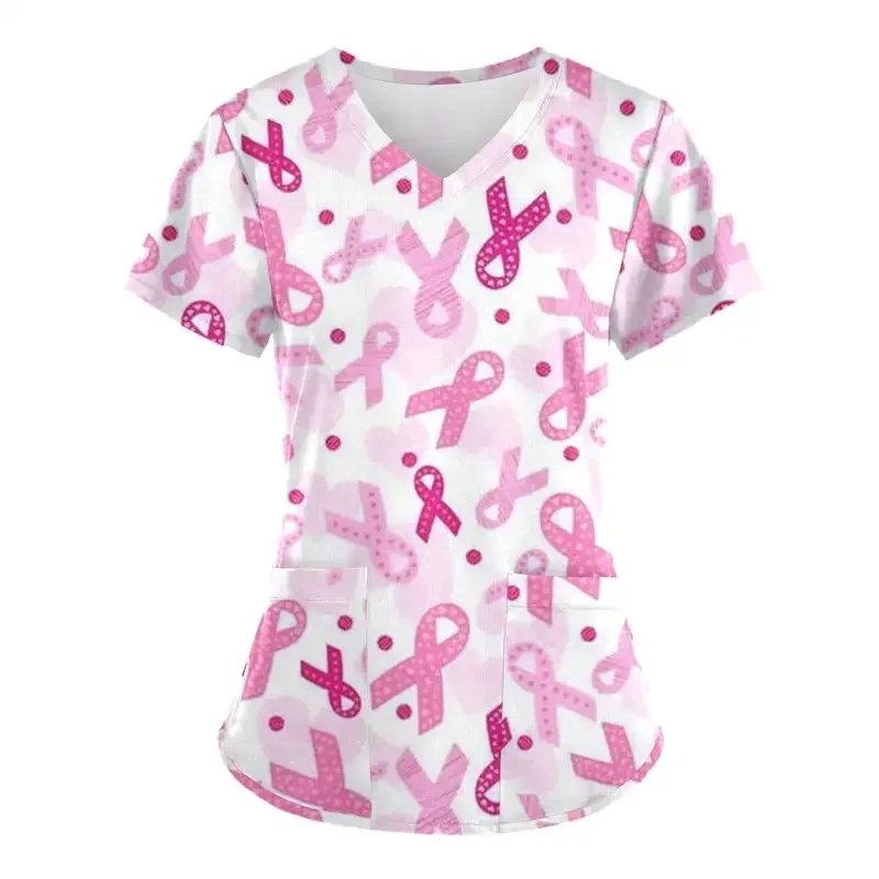Women's pink ribbon print medical short-sleeve shirtTShirt Nurse uniform top with pockets workwear