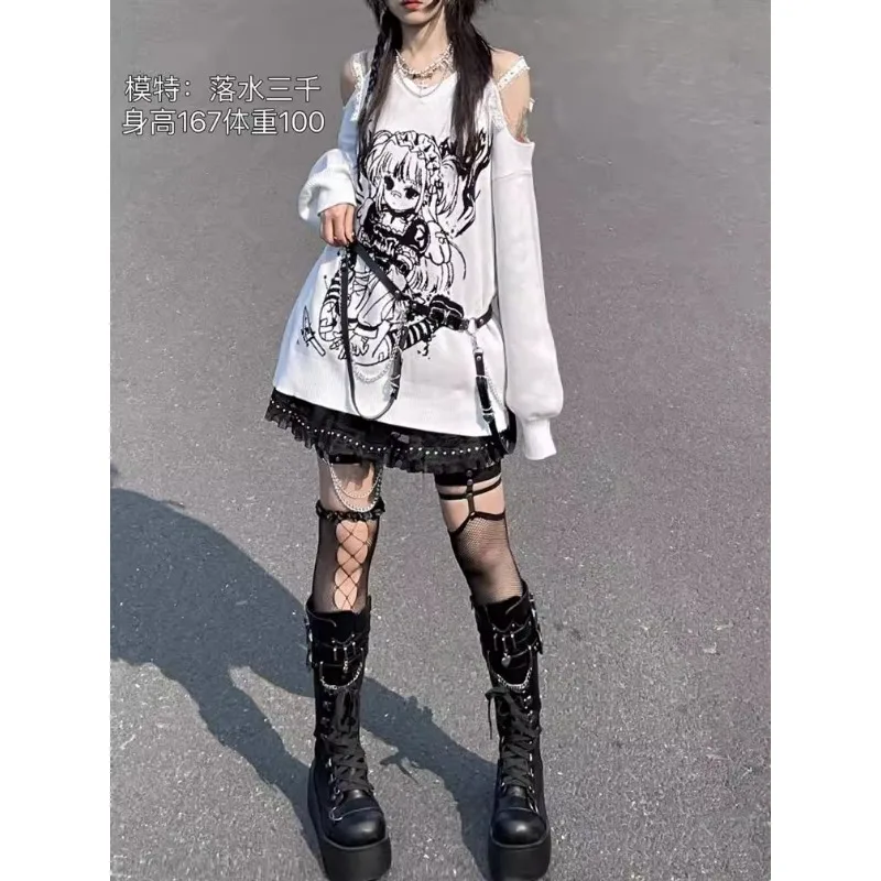 Subculture Y2k Spring 2024 Autumn Shirt Loose Off The Shoulder Punk V-neck Long Tops Woman Black White Harajuku Shirts