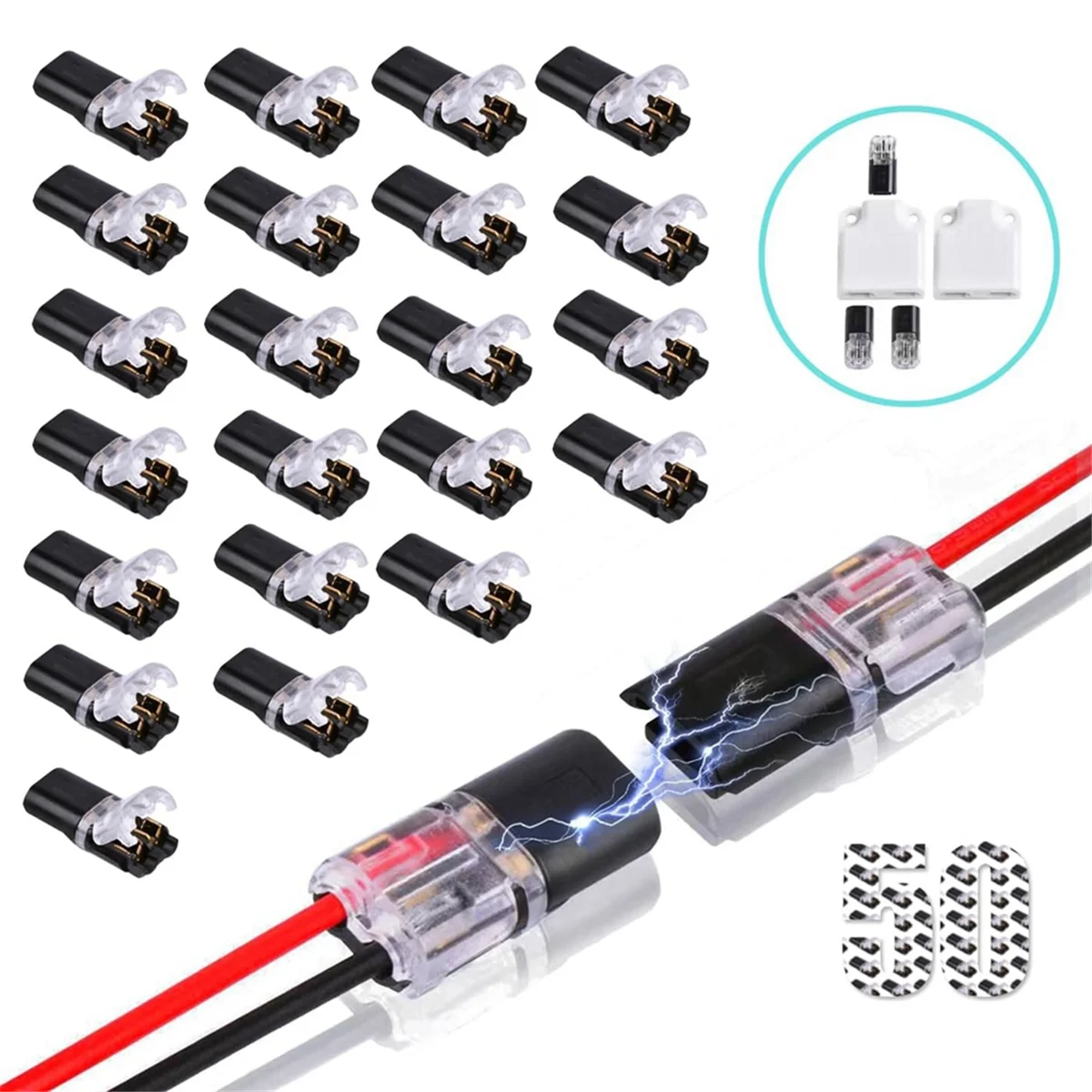 50Pcs Double-Wire Plug-in Connector, Pluggable 2 Pin 2 Way LED Wire Connectors, with Locking Buckle Fast Wire Connectors