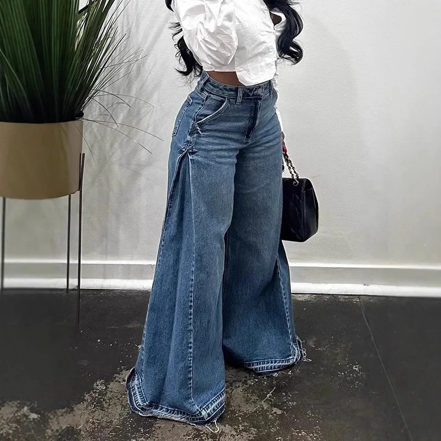 

Retro Washed Blue Denim Wide Leg Pants Women's Y2K Patchwork Loose Floor-Length Bell Bottom Jeans Vintage Style Natural Waist