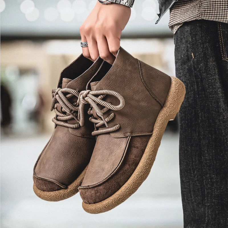Sepatu Vintage Cokelat untuk Pria, Boots Pendek Nyaman, Sneakers High Top Pria untuk Kerja Kasual, Sepatu Kulit Pria Ukuran Besar 46
