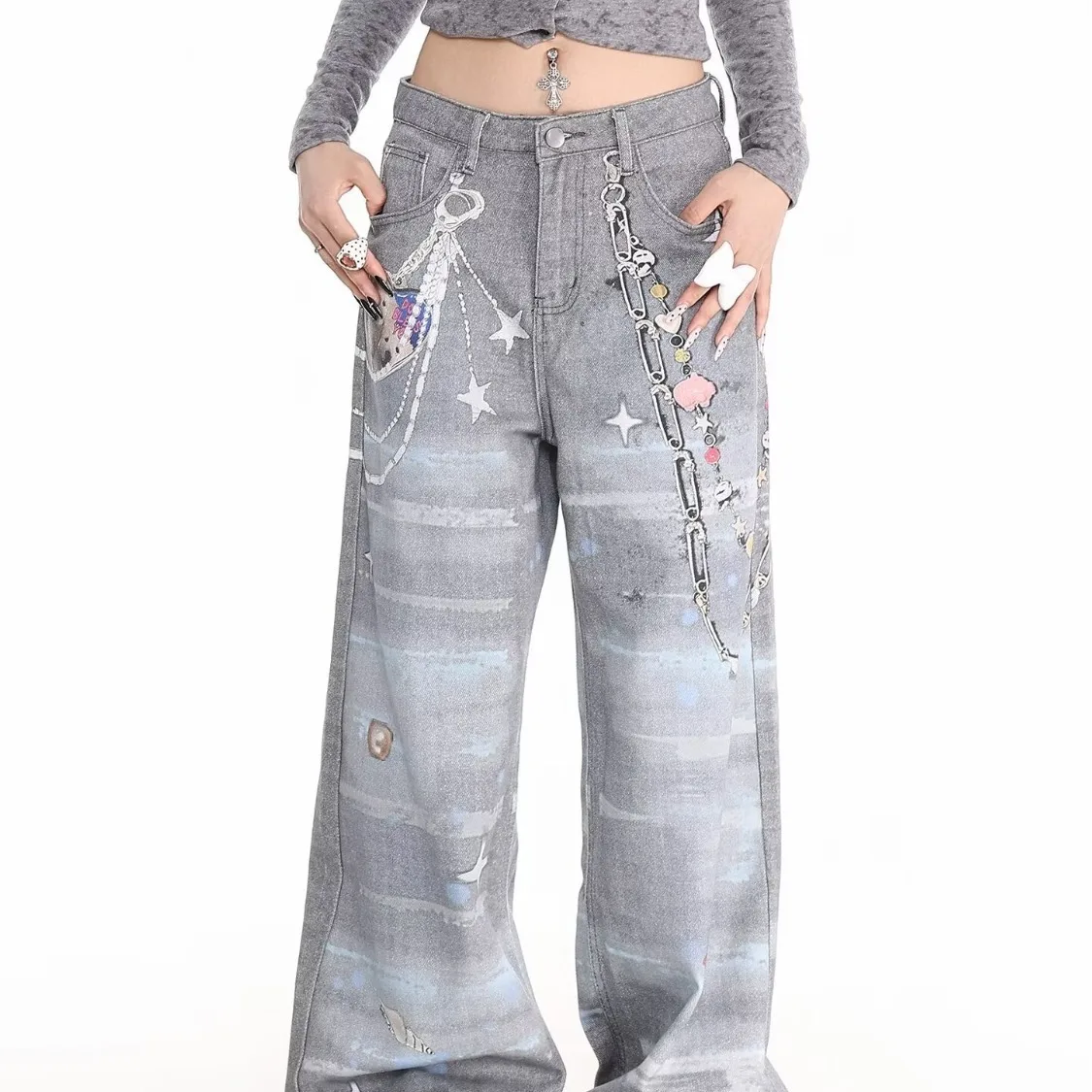 Women's Vintage Distressed Denim Jeans Chain Detail Printed Straight Leg Pants Loose Fit Y2K Streetwear Grunge Fashion Trousers