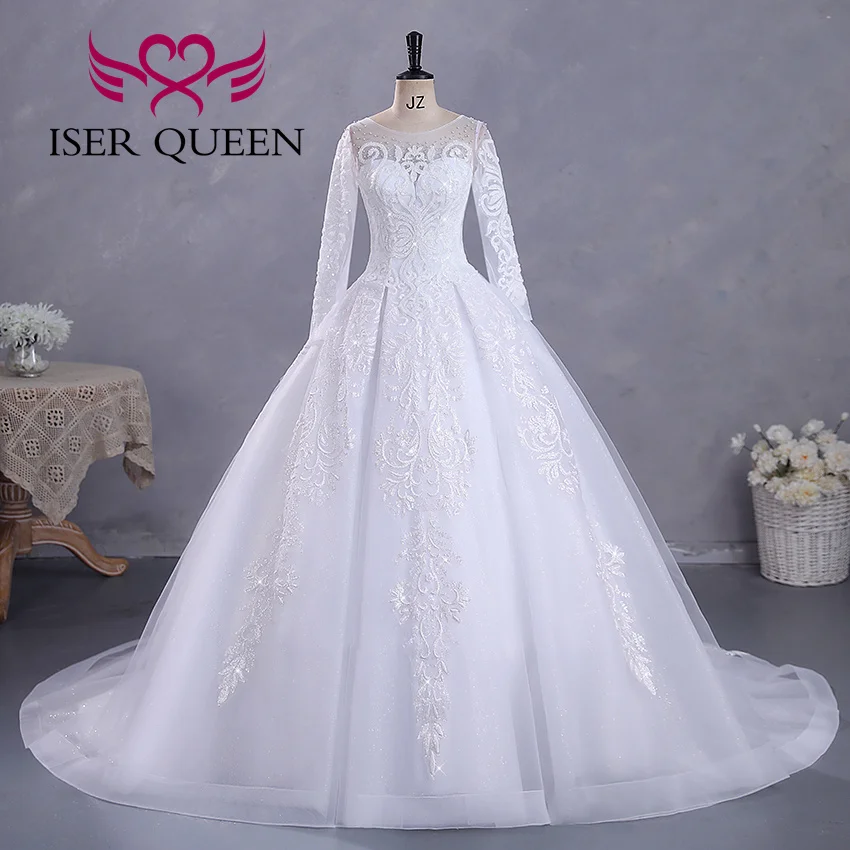 Customized Fashion Long Sleeves Bride Dress For Wedding Small Pearls Beaded Lace Appliques Princess Wedding Dress WX0422