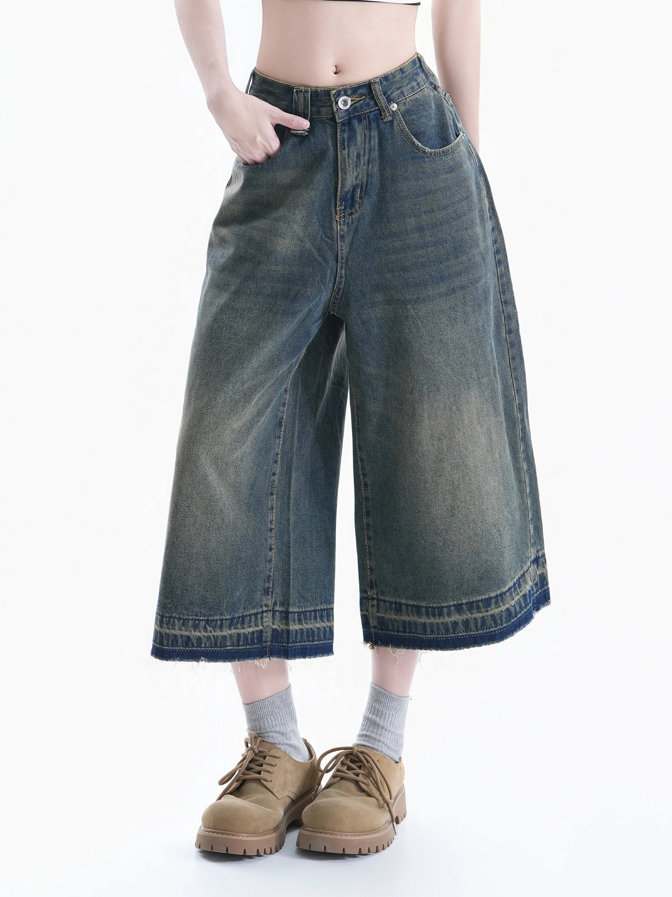 

Ретро джинсы с эффектом потертости, широкие, женские, свободного кроя, в уличном стиле, весенние, с естественной талией, из смесового хлопка, укороченные (7/8)