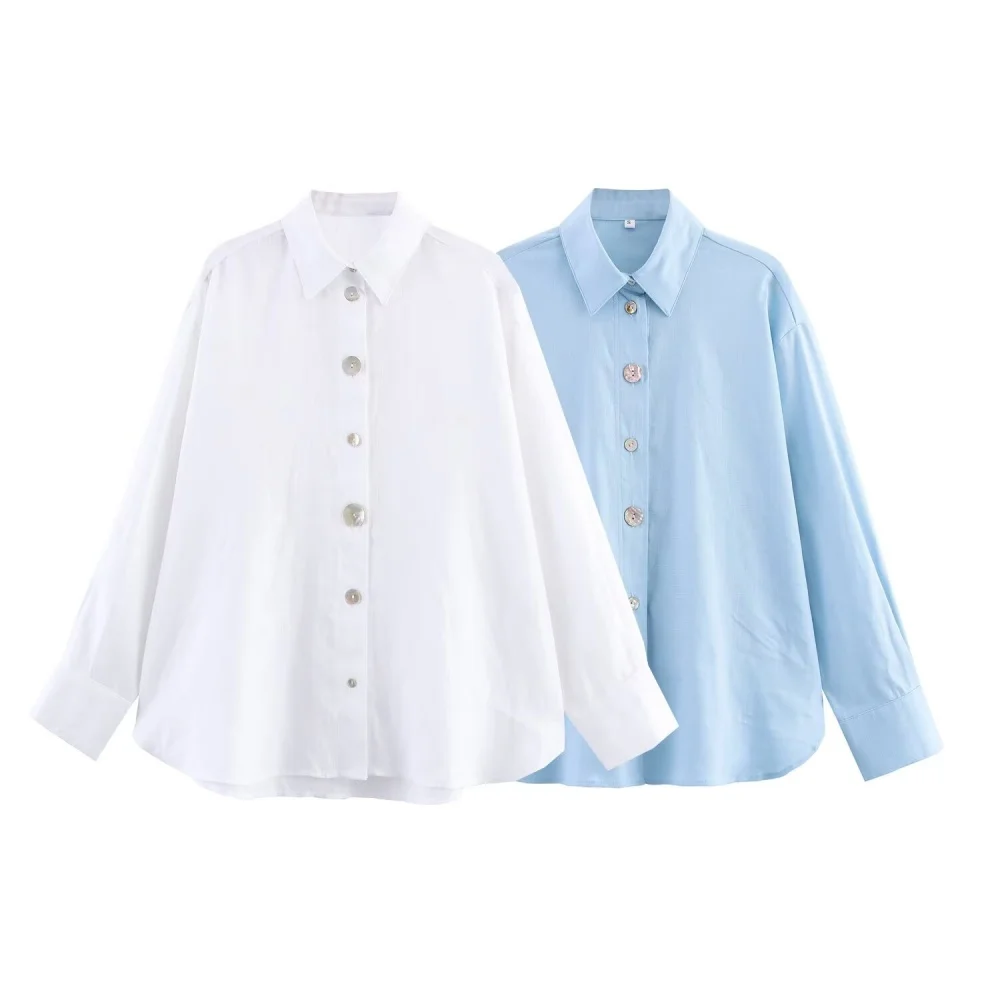 Camisa feminina de decoração de botão de emenda de cor sólida com gola e manga comprida verão nova camisa casual versátil