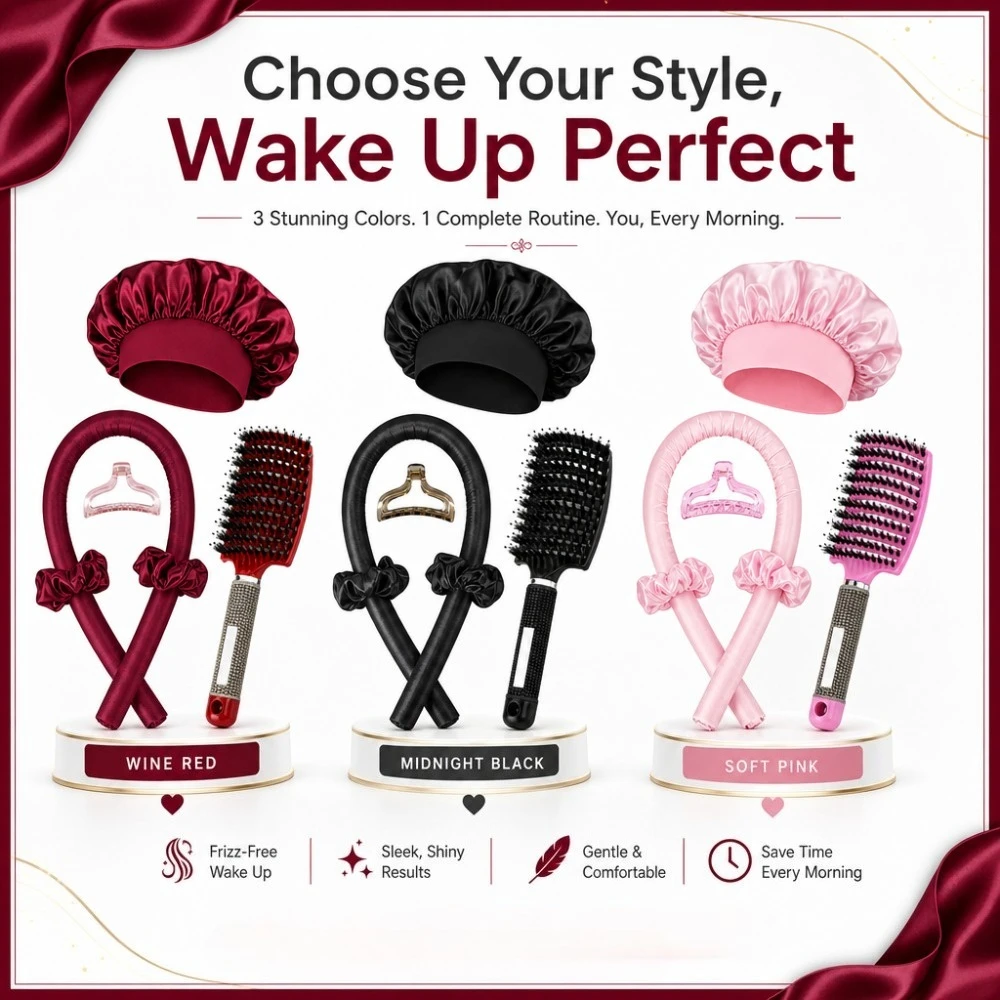 6Pcs No Heat Satin Curling Rod Set Sleep Hair Bonnet Anti-static Boar Hair Brush Hair Clamp DIY Natural Wave Style Accessories