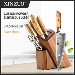 XINZUO 8pcs/Set Kitchen Cutting Tool Block Set 73 Layers Damascus Steel Kitchen Scissors Olive Wood Handle With Sharpener