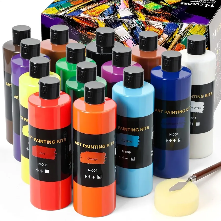 

14 Colors Large Bulk Acrylic Paint Set 500 ml 16.9 oz Extra Large Bottles NonToxic for Adults Acrylic Paint Bulk on Wood Glass