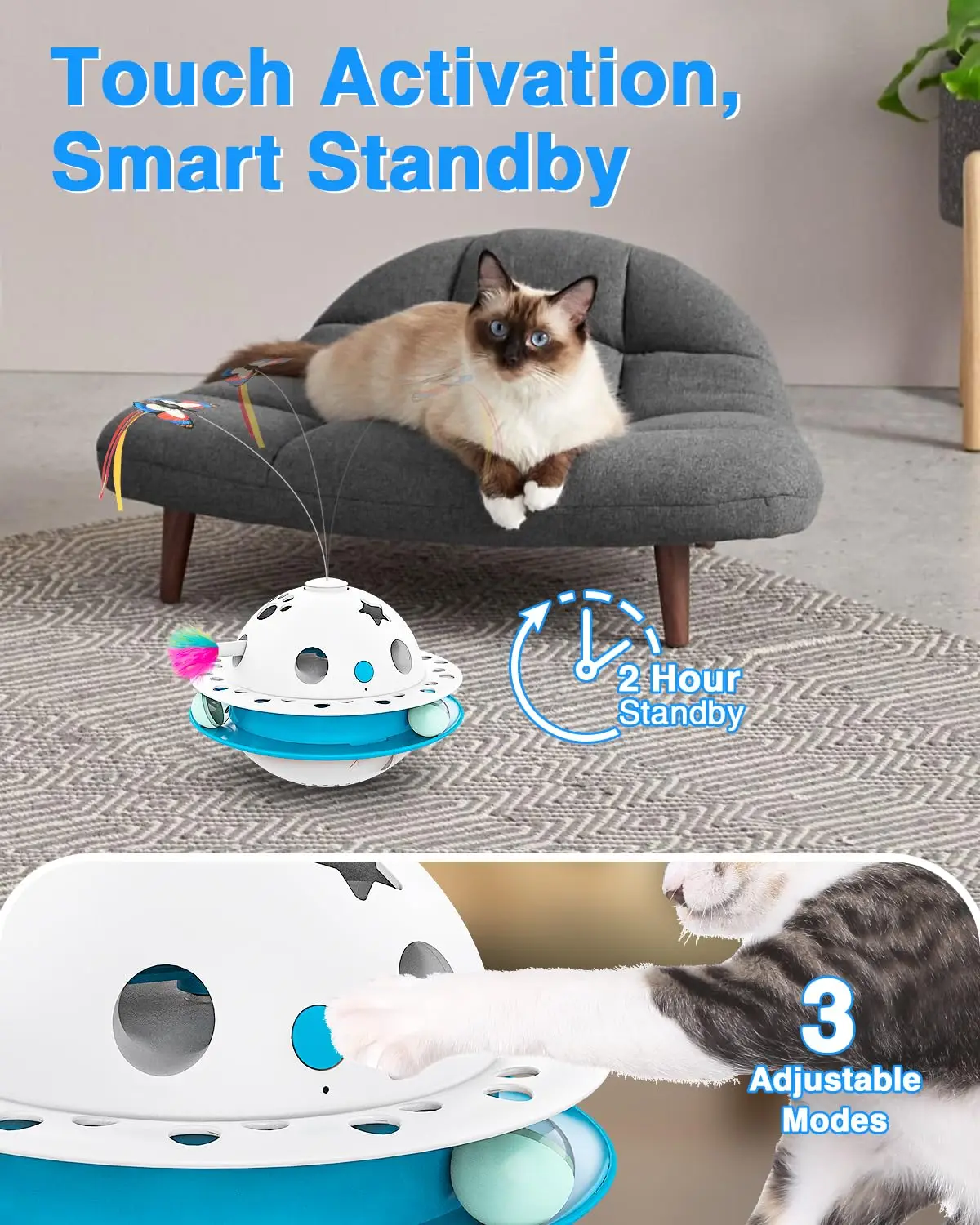 3 in 1 Smart Cat Toys, Fluttering Butterfly,Random Whack-A-Mole Mice, Dual Power Supplies,1 Pcs Catnip Balls, Auto On/Off (Blue)