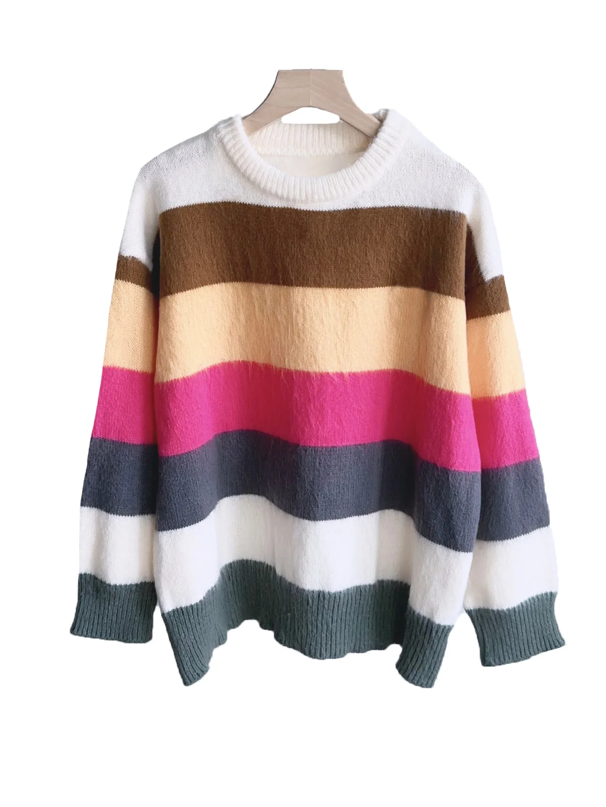 

Jumper jacket round neck short loose version splicing stripe design warm and comfortable 2023 winter new 1226