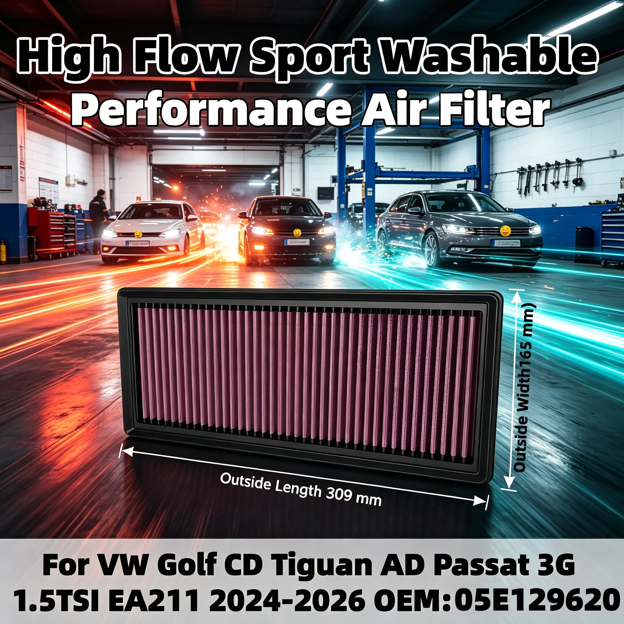 High Flow Sport Washable Performance Air Filter 33-3190 For VW Golf CD Tiguan AD Passat 3G 1.5TSI EA211 2024-2026 OEM:05E129620