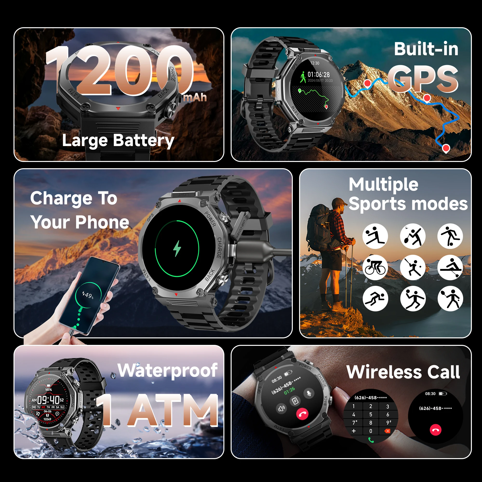 

2025 НОВЫЕ прочные умные часы для улицы, встроенный GPS-монитор сердечного ритма, 1200 мАч, большая батарея Essential Partners для велосипеда, мужчин и женщин