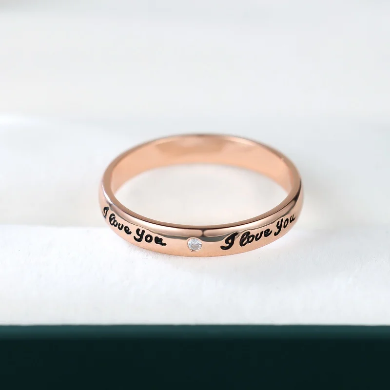 2026 New Rose Gold I Love You Engraved Ring, Simple Single Diamond Couple Pairing Ring, Niche Confession Bracelet