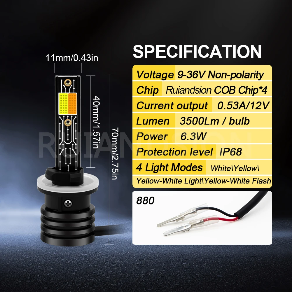 Ruiandsion Universal H1 P14.5S H3 PK22S 880 H27 LED ستروب فلاش الضباب الخفيف 9-36 فولت 3500LM عالية السطوع للمصباح الأمامي الأبيض الأصفر #2