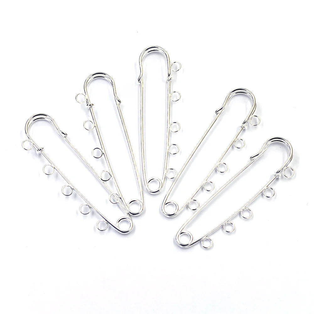 

50Pcs Brooches Safety Pins 5 Holes Metal Silver Plated Fashion Jewelry DIY Making Findings Charms 7cm
