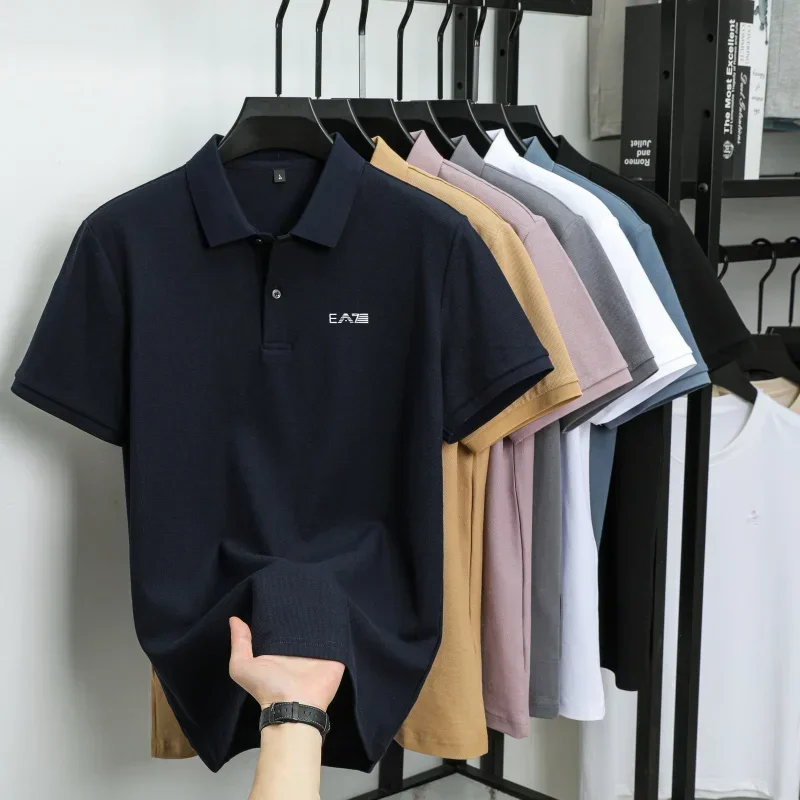 Summer New Luxury Men's Cartoon Embroidered Ice Silk Polo Shirt Cool Lightweight Breathable Business Casual T-shirt Top
