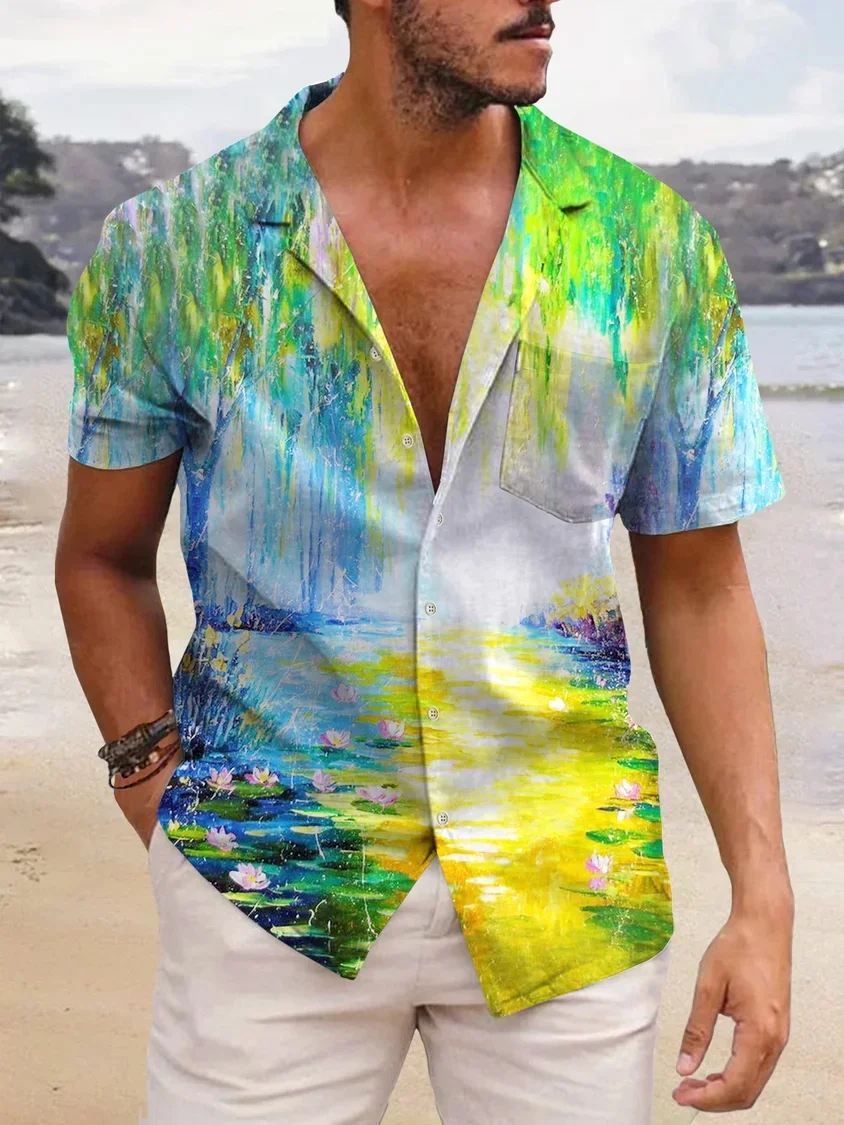 

Colorful Printed Hawaiian Style Short Sleeved 2024 Summer New Men's Simple Loose Shirt Top Personalized T-Shirt MB1