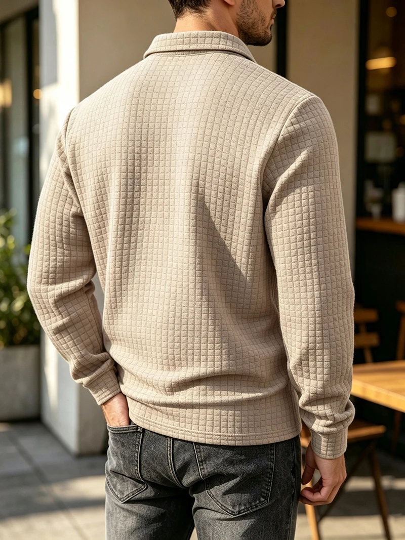 Herren Waffelstrick Langarm-Poloshirt mit Revers und Halbknopfleiste, Regular Fit, Frühling Herbst Business Casual Atmungsaktive Weiche Oberteile – Detail 6
