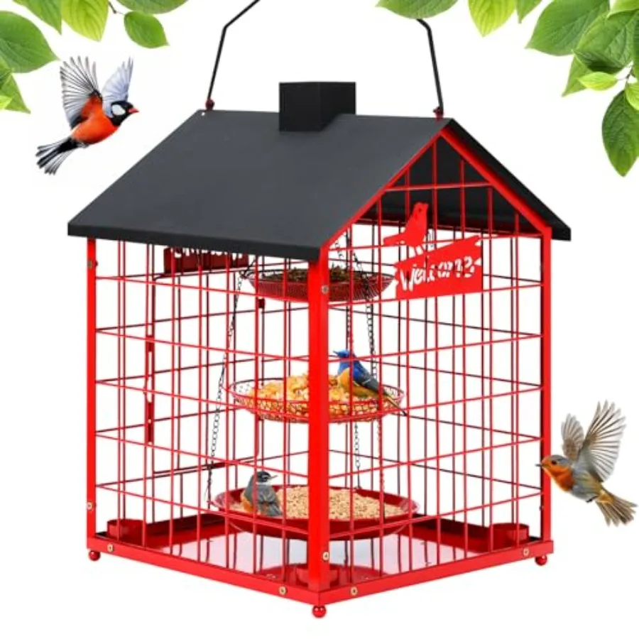 

Outdoor metal bird feeder with squirrel-proof caged design black finish 4-cup capacity and 3-layer seed tray for attracting sma
