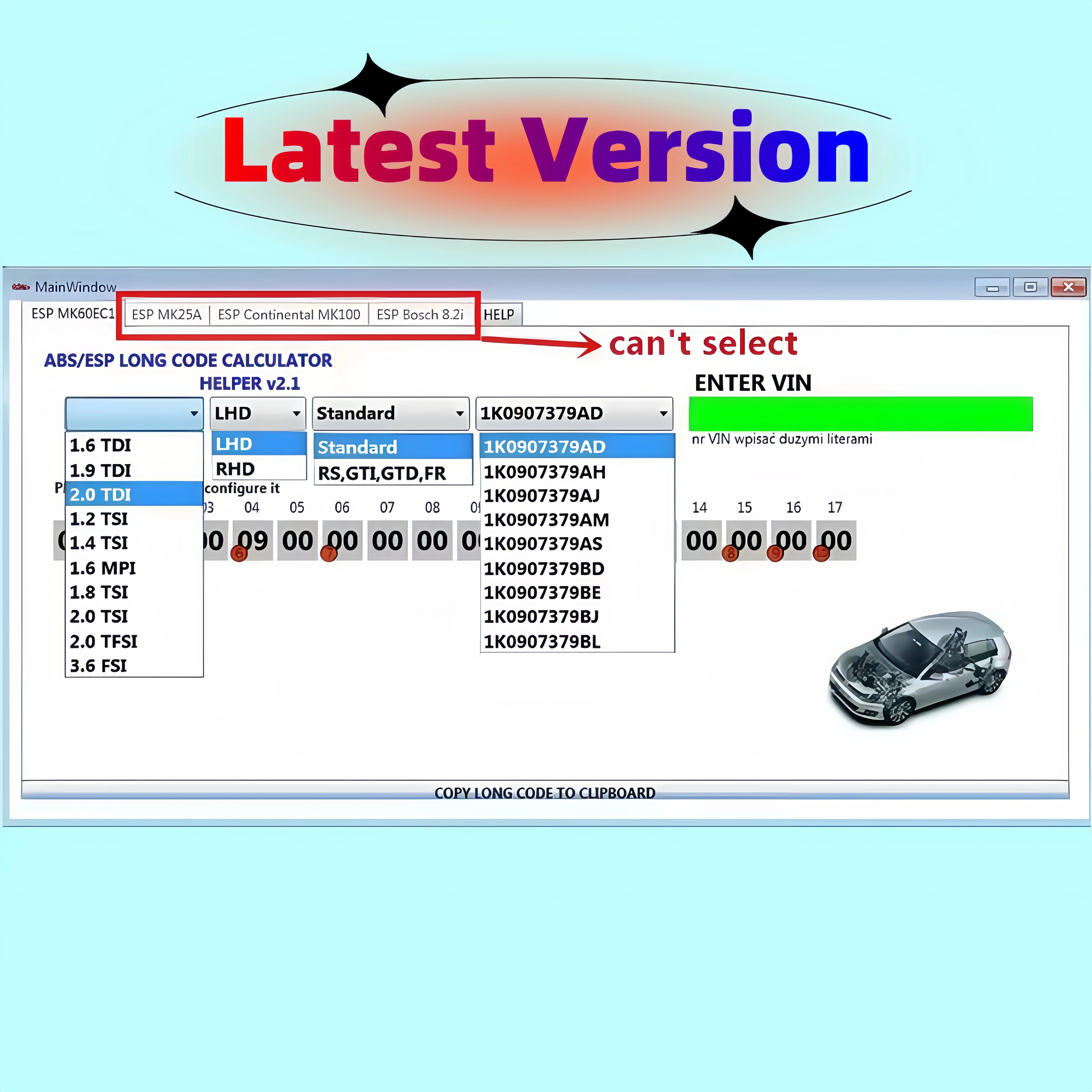 Latest MK60EC1 ABS ESP Long Code Calculator Helper Software For VW, Unlimited Install, Professional Car Diagnostic Coding Tool