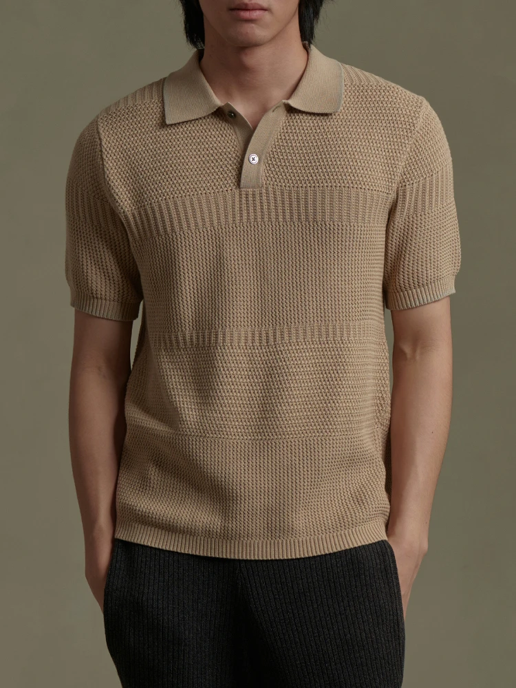 

Stylish three-dimensional mixed texture weaving 40 high-twist cotton, men's lapel knitted short-sleeved POLO shirt
