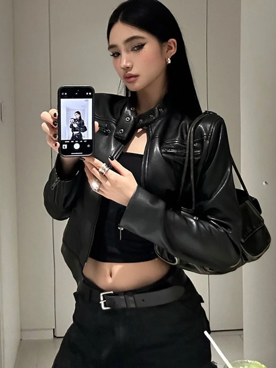 Women Pu Leather  Black Slim Fit Short Motor Coat Spring Autumn Stand Collar Zipper Retor Hot Girl Leather Jacket