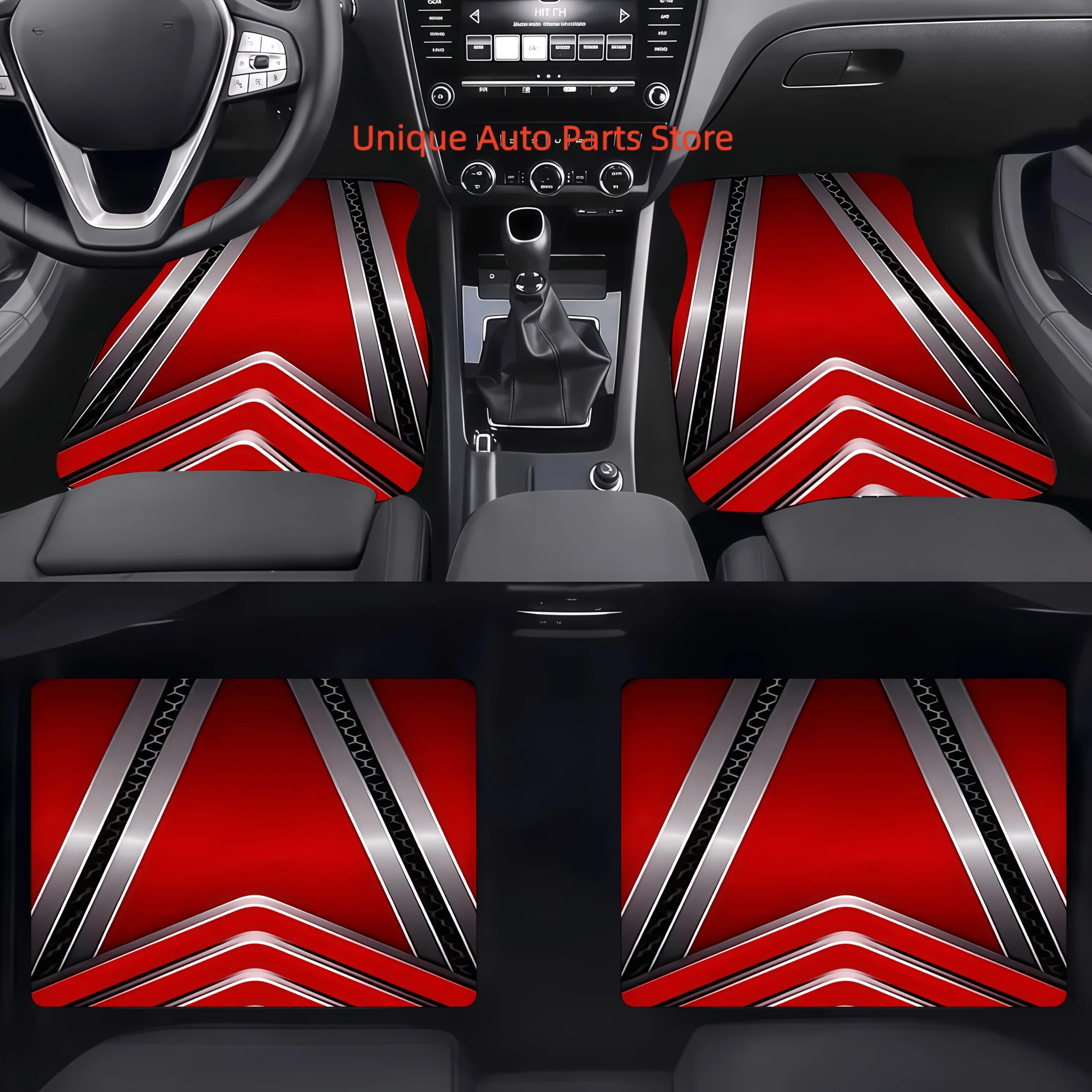 4pcs Car Floor Mats (2Dflat), Modern Futuristic Design with Bold Red Background, Angular Metallic Silver Shapes, Black Hexagonal