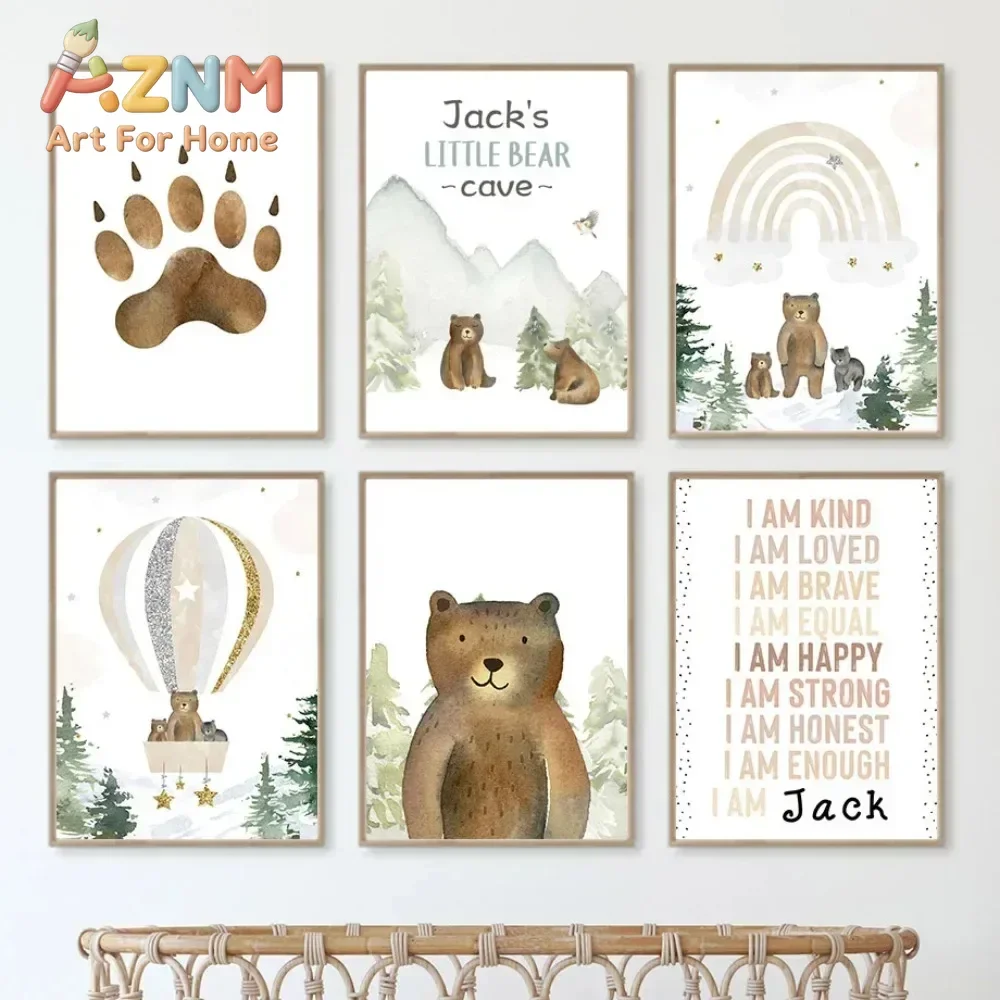 AZNM Watercolor Bear Canvas Wall Art Forest Mountain Bear Paw Print Woodland Animal Unframed Canvas Poster for Baby Boys Nursery