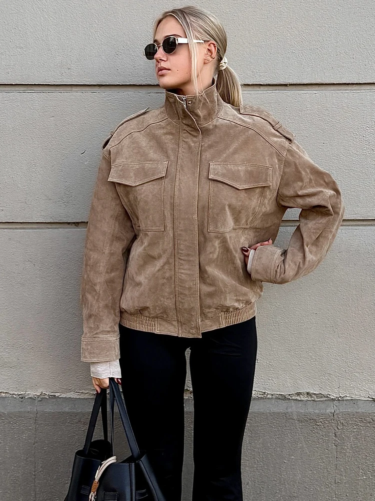 

HH винтажные женские замшевые текстурированные кожаные куртки-бомберы 2025 модная женская свободная уличная верхняя одежда на молнии с длинными рукавами