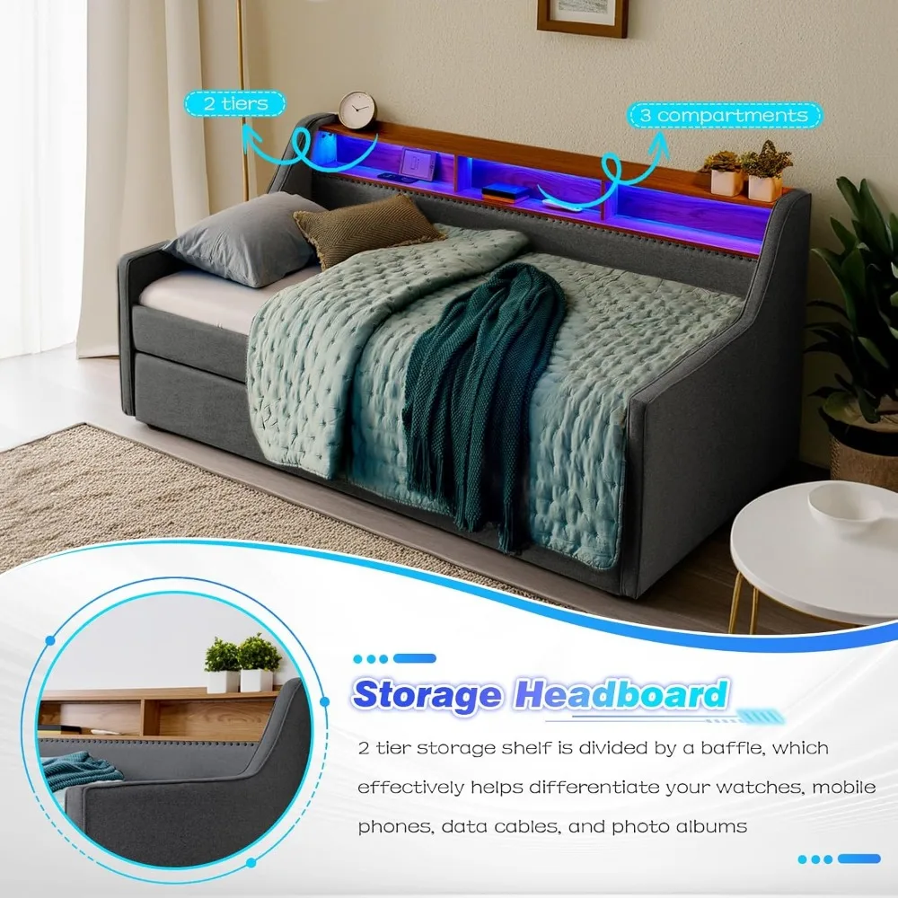 سرير نهاري مزدوج مع دولاب منبثق وشاحن لاسلكي، إطار سرير نهاري للأريكة المنجدة مع لوح رأسي للتخزين LED/USB/Type C/Storage، Twin to King #6