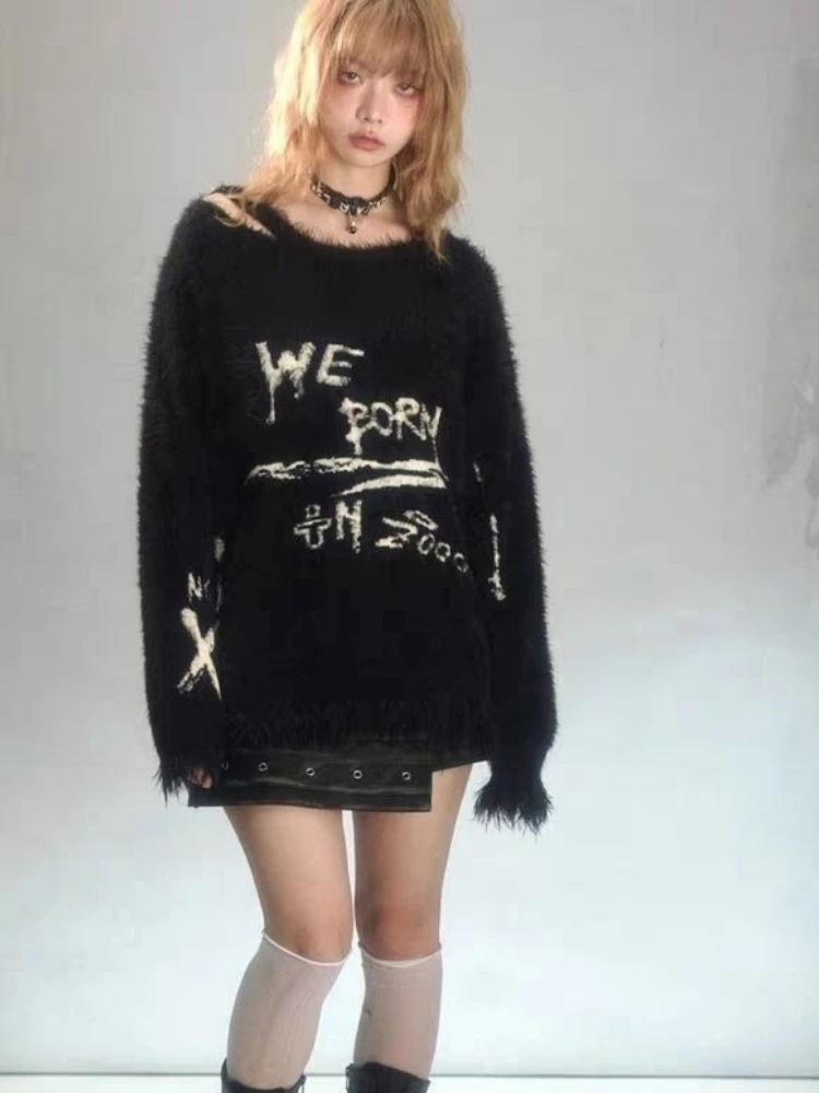 Y2k subcultura estilo Punk jersey de manga larga mujer Casual suéter con cuello redondo letra gótica Jacquard Vintage 2025 otoño