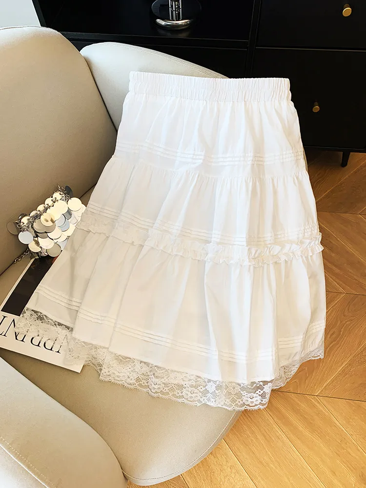 Women White A-line Skirt Vintage Korean Style High Waist Lace Patchwork Skirt Harajuku Y2k Short Skirt 2000s Clothes Summer 2026
