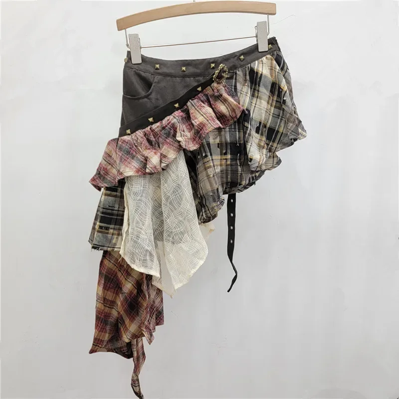 

SZJTTC retro splicing plaid irregular skirt women's niche design punk rebel stray skirt