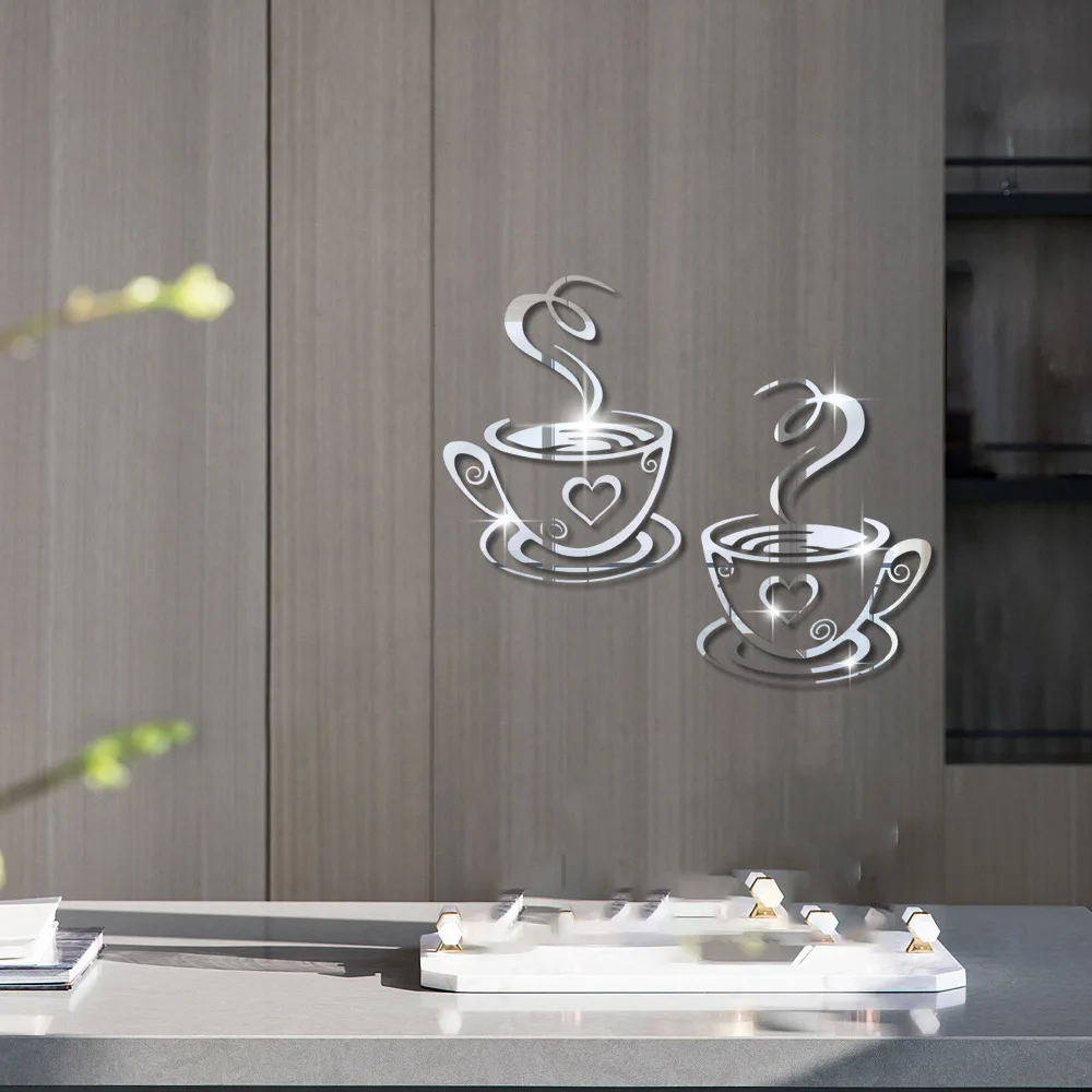 Coffee cup mirror wall sticker self-adhesive layout, restaurant kitchen entrance decoration, coffee shop