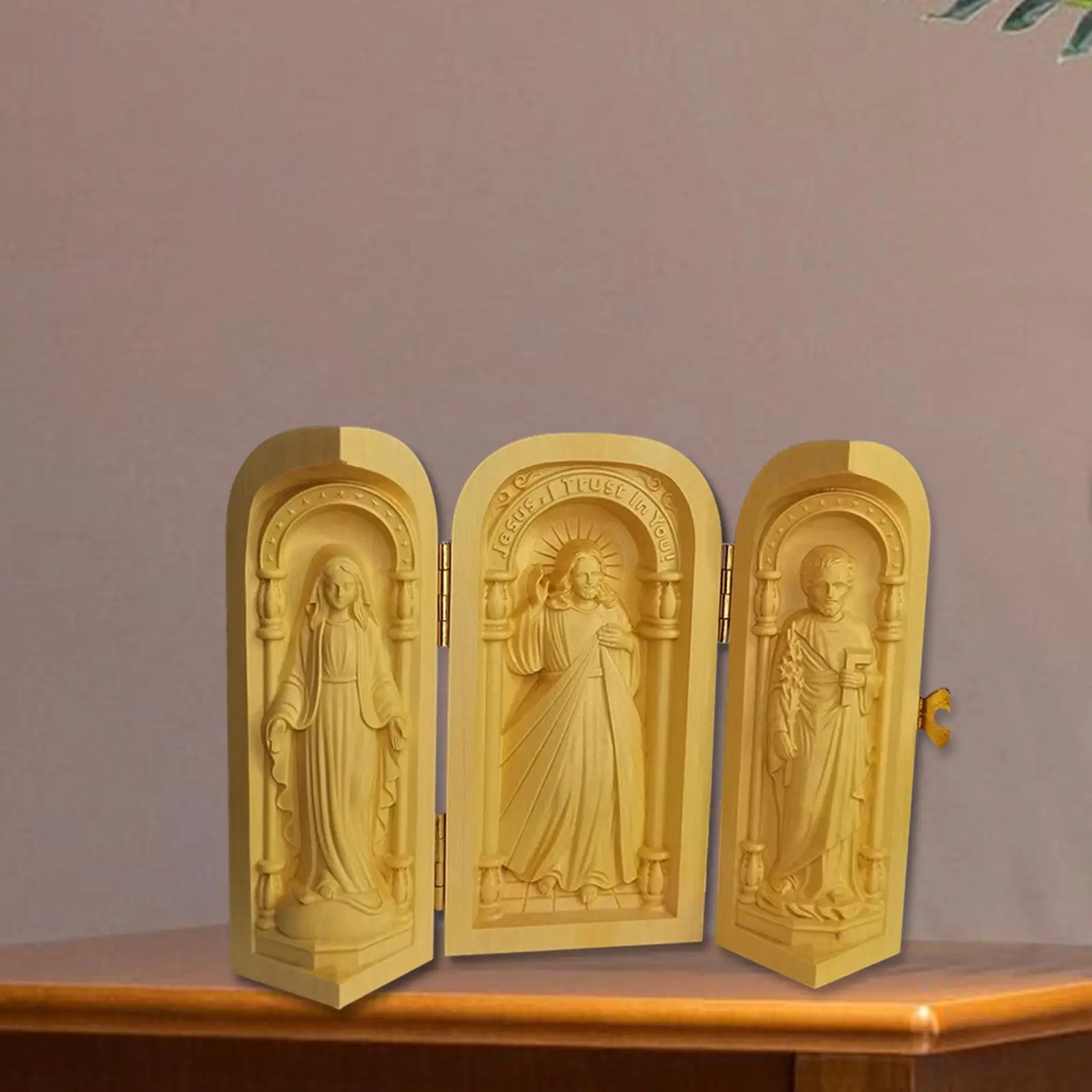 

Резьба по дереву католические значки триптих коробка аксессуар прочная религиозная скульптура со священными фигурками трехпанельный складной дисплей
