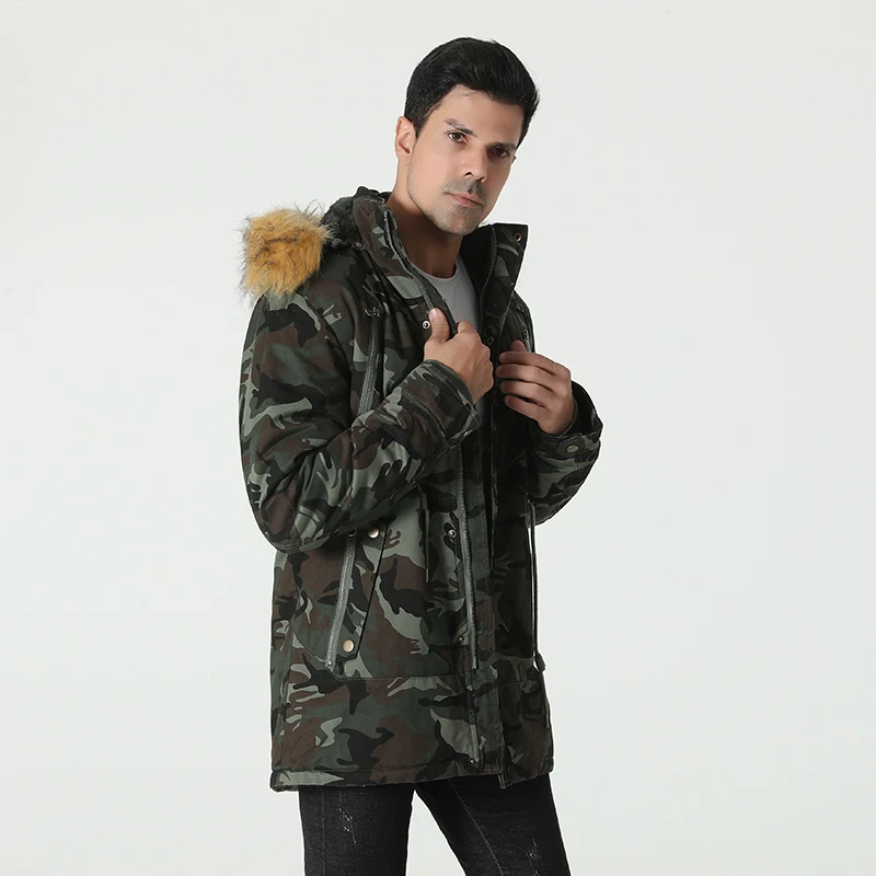 New winter menswear with fleece thick coat men's hooded camouflage cotton-padded jacket medium long cotton-padded jacket