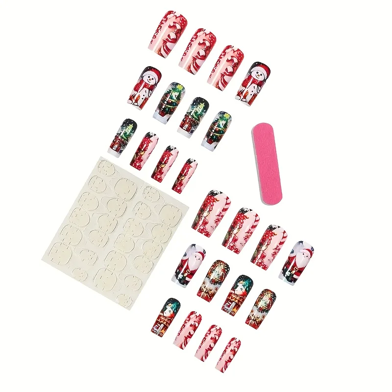 24 قطعة عيد الميلاد ندفة الثلج سانتا كلوز شجرة عيد الميلاد مربع مسمار الفن الصحافة على الأظافر مع شرائط ملف الغراء هلام #6