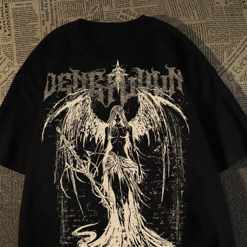 하이 스트리트 캐릭터 Y2K 고딕 프린트 패턴 코튼 반팔 티셔츠 유니섹스 여름 뉴 웨스트 코스트 레트로 트렌드 브랜드