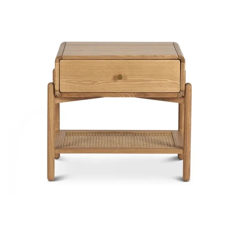 Table de chevet nordique en bois massif, meuble de rangement rétro simple en rotin, meuble latéral en rondins pour la maison B & B avec tiroir