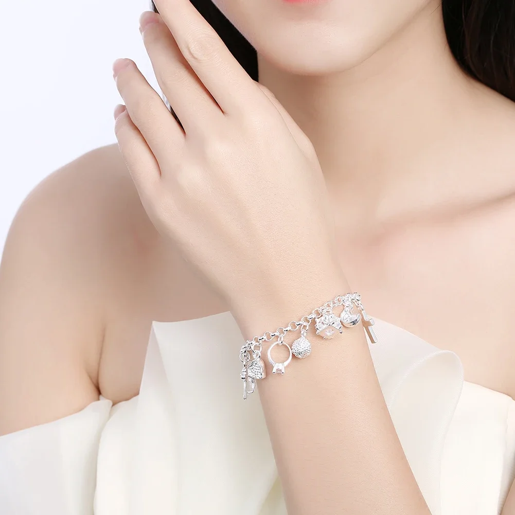 Hot Street Fashion 925 Sterling Silver Fine Zircon Heart Key Pendant Bracelet For Woman Party Gifts Wedding Accessories Jewelry