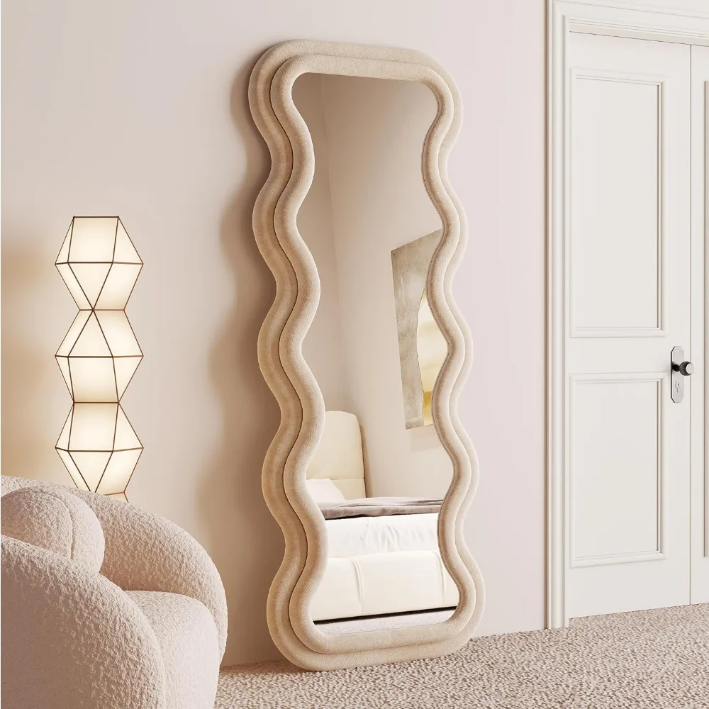 Full Length 63 x 24 Wall Mirror - Flannel Wrapped Wooden Frame Floor Leaning Mirror with Irregular Wavy Design